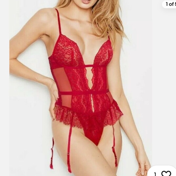 Victoria's Secret Other - Victoria’s Secret Women’s XL Red Lace Crotchless Bodysuit Teddy Mesh Plunge